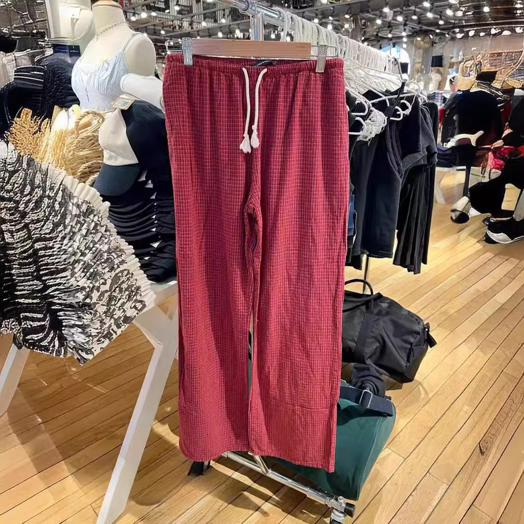 Pantalones casuales a cuadros rojos con cordón en la cintura sueltos y elásticos para mujer