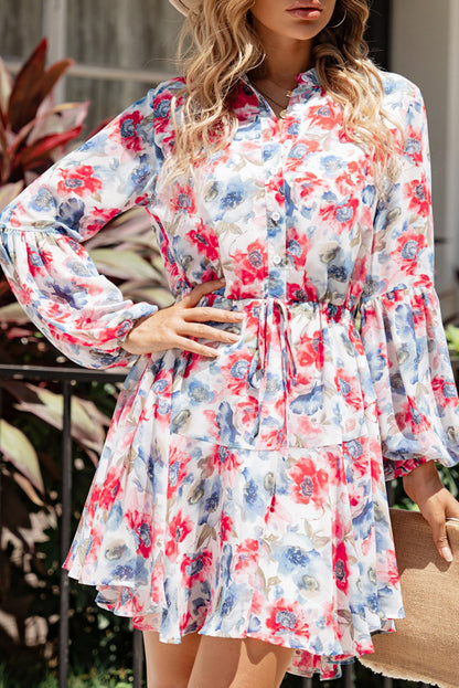 Robe fluide à cordon de serrage à imprimé floral vintage bleu ciel