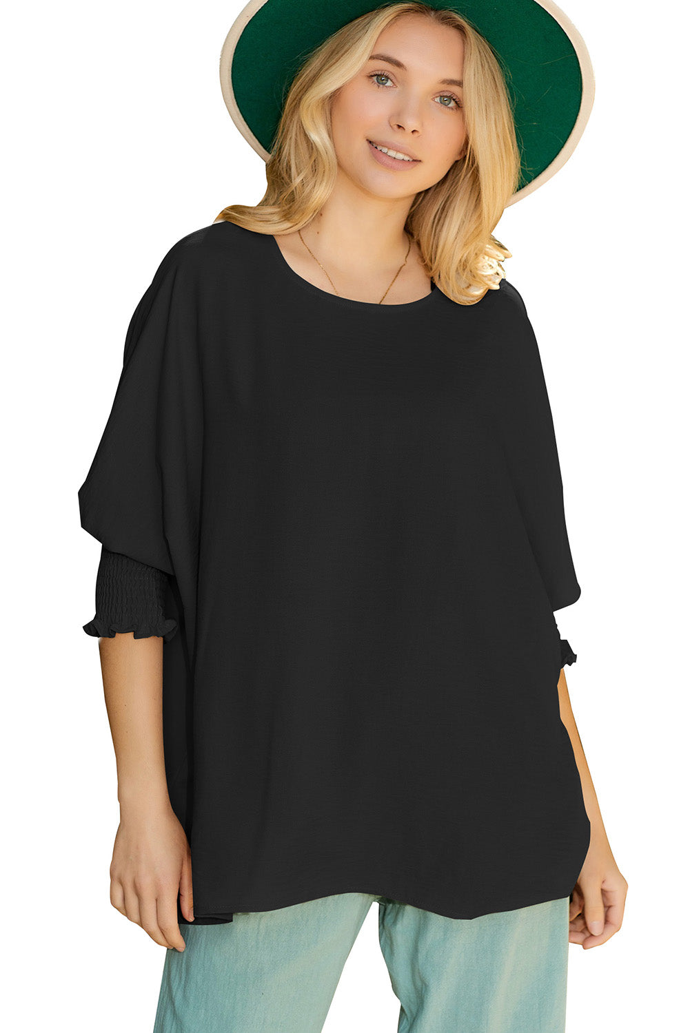 Black Plain Batwing Sleeve Business Casual Blouse for Women