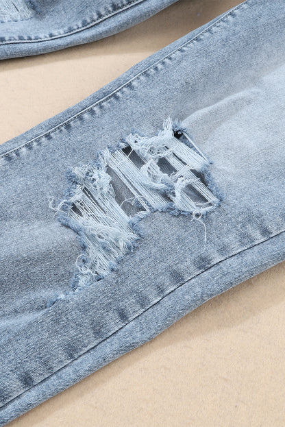 Sky Blue Light Wash Frayed Slim Fit High Waist Jeans