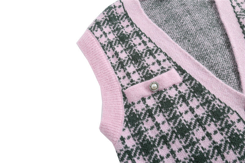 Cardigan tricoté à carreaux pour femmes, col en v