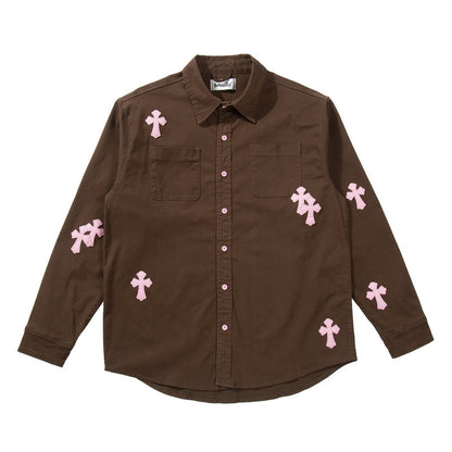 Camisa casual de manga larga de cuero con parches de High Street