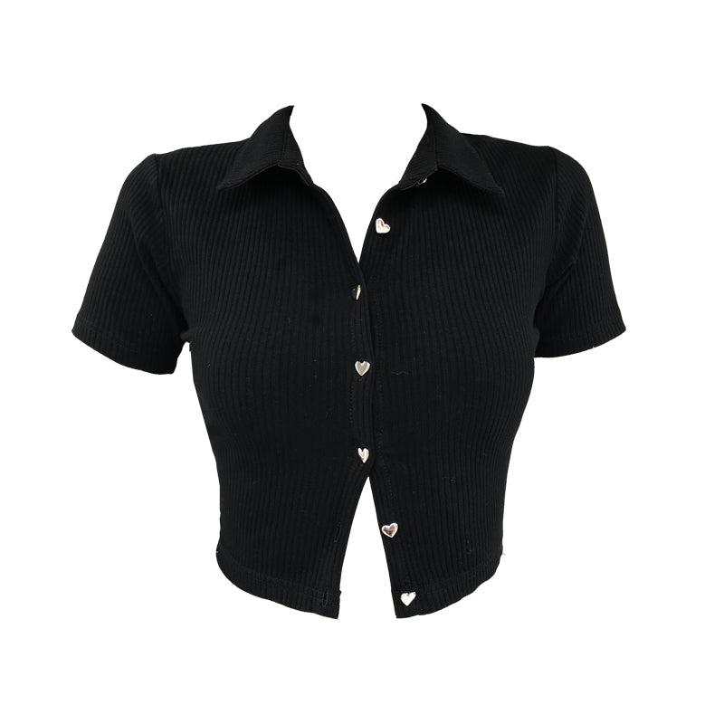 Haut court Style collégien pour fille, Polo avec bouton d'amour, noir, été