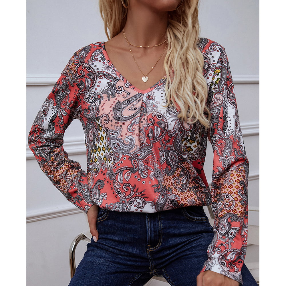 Blouse imprimée à manches longues et col en V