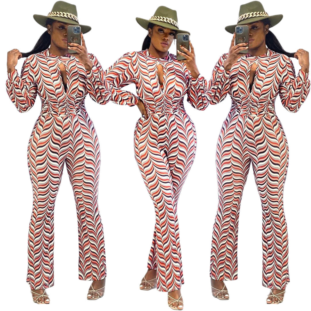 Cutout Nipped Waist Smocked Print Flared Jumpsuit