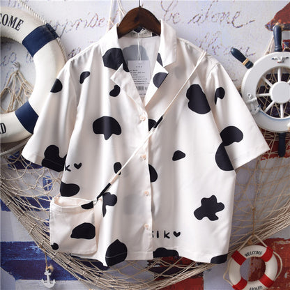 Chemise en mousseline de soie à manches courtes et col de costume imprimé de lettres de vache mignonnes pour enfants, sac gratuit