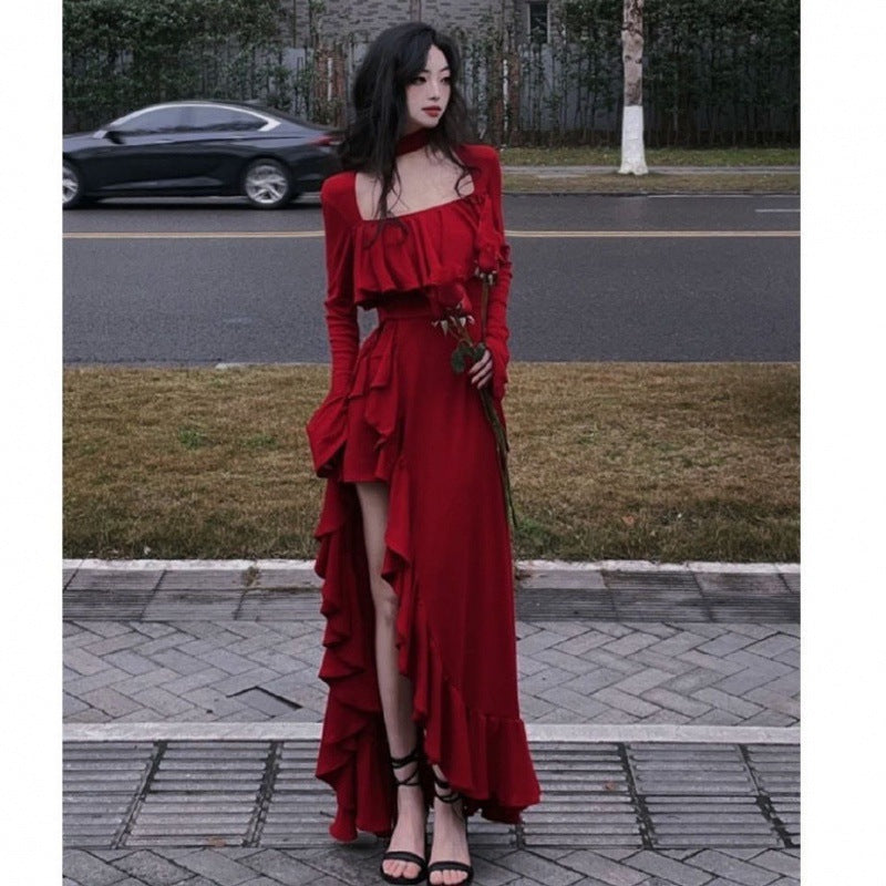 Fork Halter Square Collar Top Long Dress