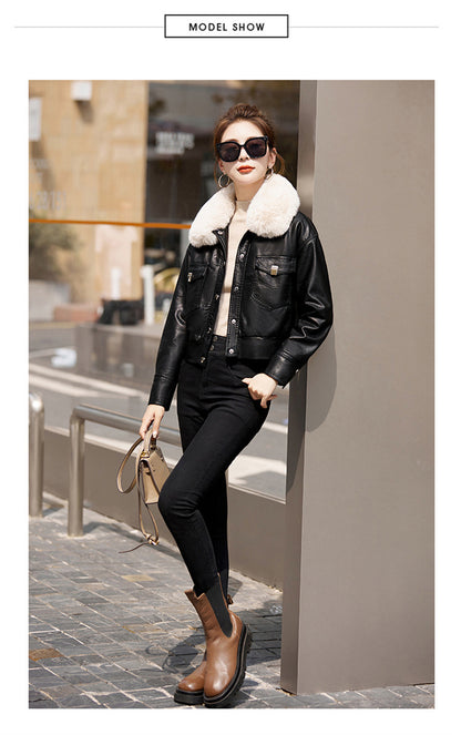 Women's Fleece-lined Coat Thickened Biker's Leather Jacket