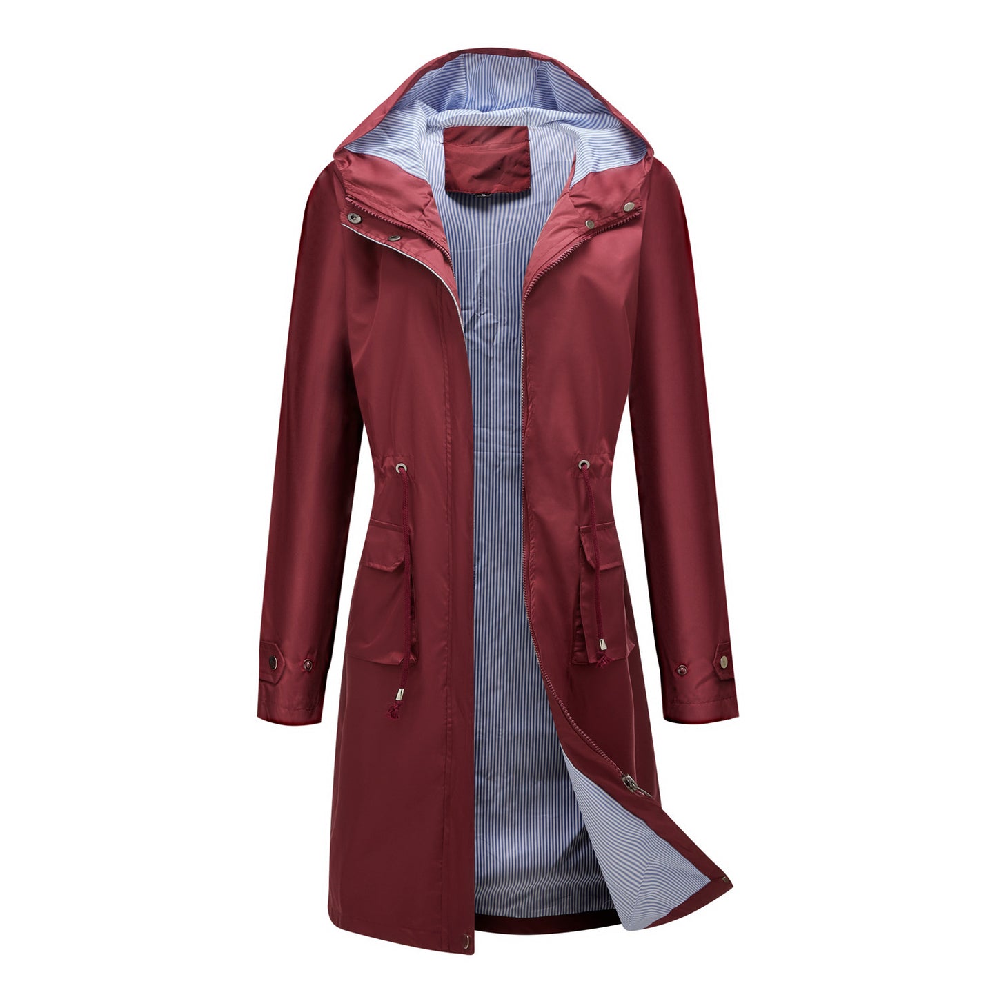 Long Casual Windbreaker Women's Waterproof Hooded Solid Color Top Striped Lining Straight Coat