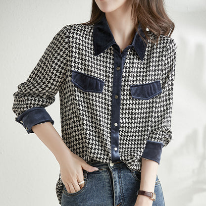 Patchwork Check Vintage Long Sleeve Lapel Shirt