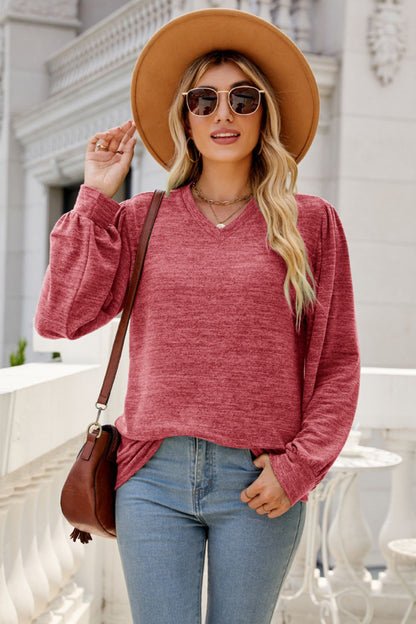 Long Puff Sleeve V-Neck Top