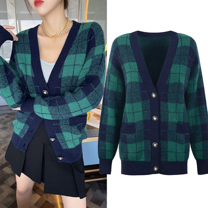 Green Plaid Mohair Women's Trendy Knit Cardigan