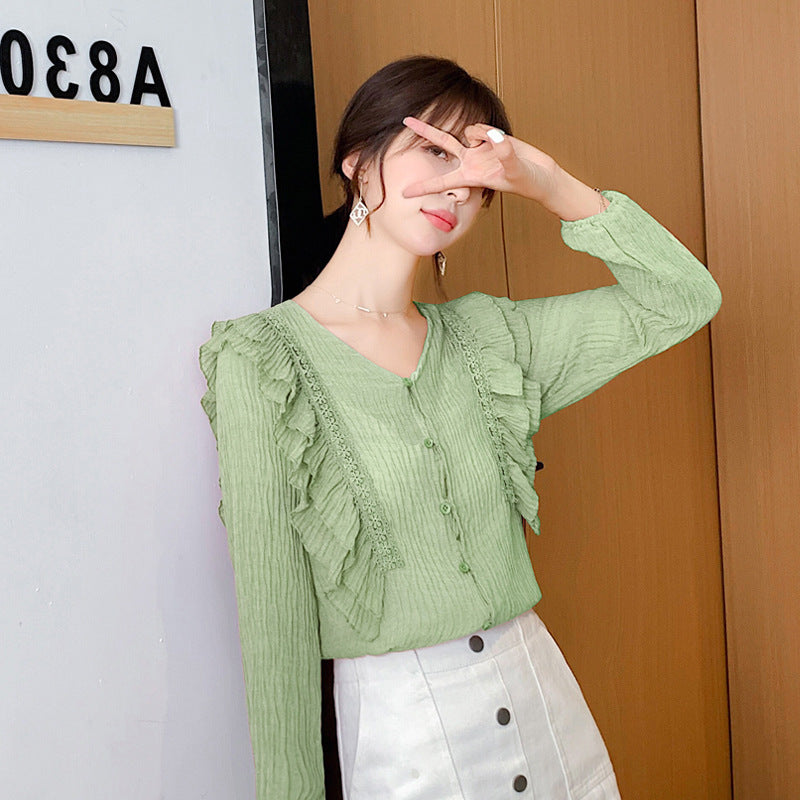 Chiffon Shirt Ruffled V-neck Loose Lace Shirt Women's Long-Sleeved Western-Style Blouse