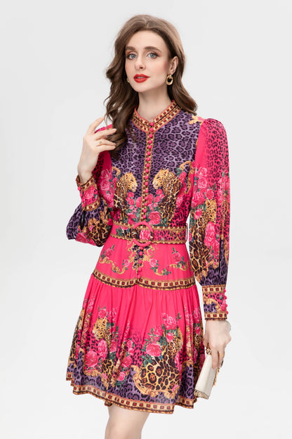 Sweet Temperament Positioning Printing Single-breasted Belt Long Sleeve Dress