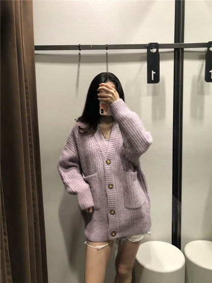 Cardigan en tricot paresseux pour femmes, manteau ample avec poches plaquées