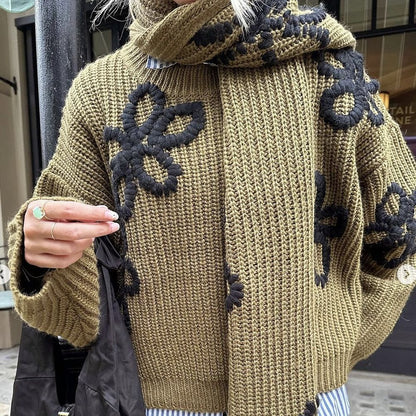 Mode décontracté épais aiguille au crochet pull motif contraste couleur haut tricoté pour les femmes