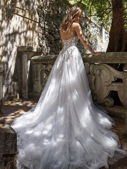 Vestido de novia ligero con parte superior de tubo transparente y abertura alta para mujer