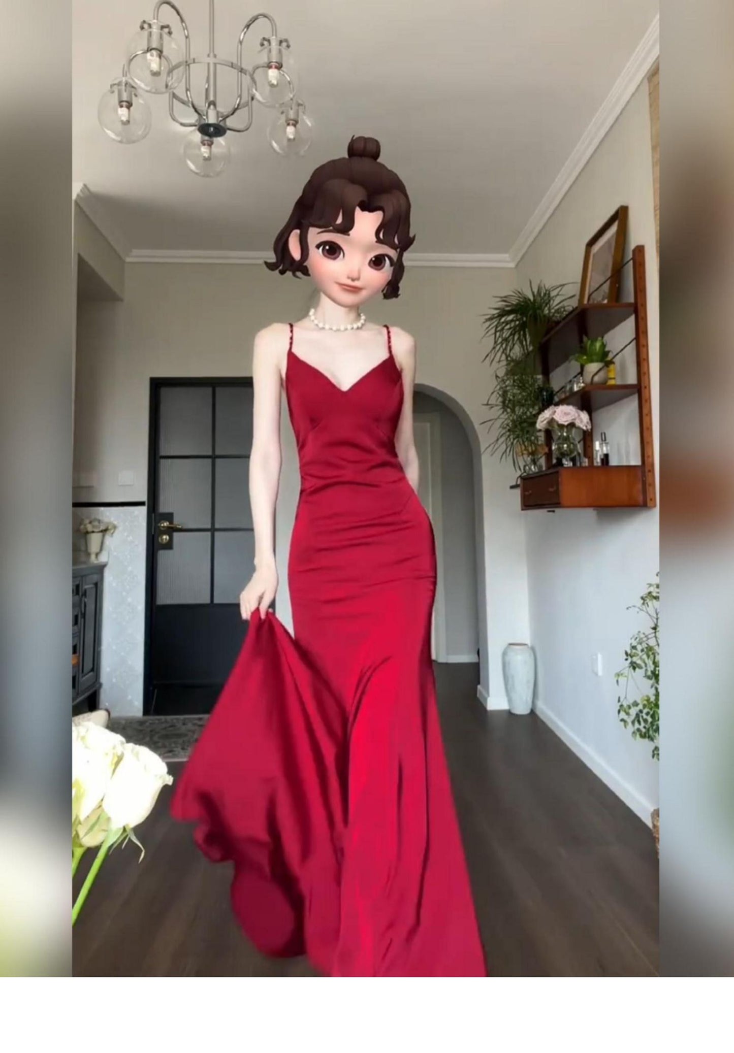 V-neck Red Sling Dress Wedding Party Evening Dress