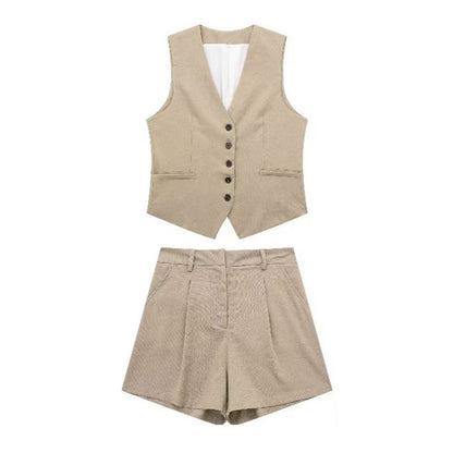 V-neck Single Breasted Vest High Waist Wide Leg Shorts Suit