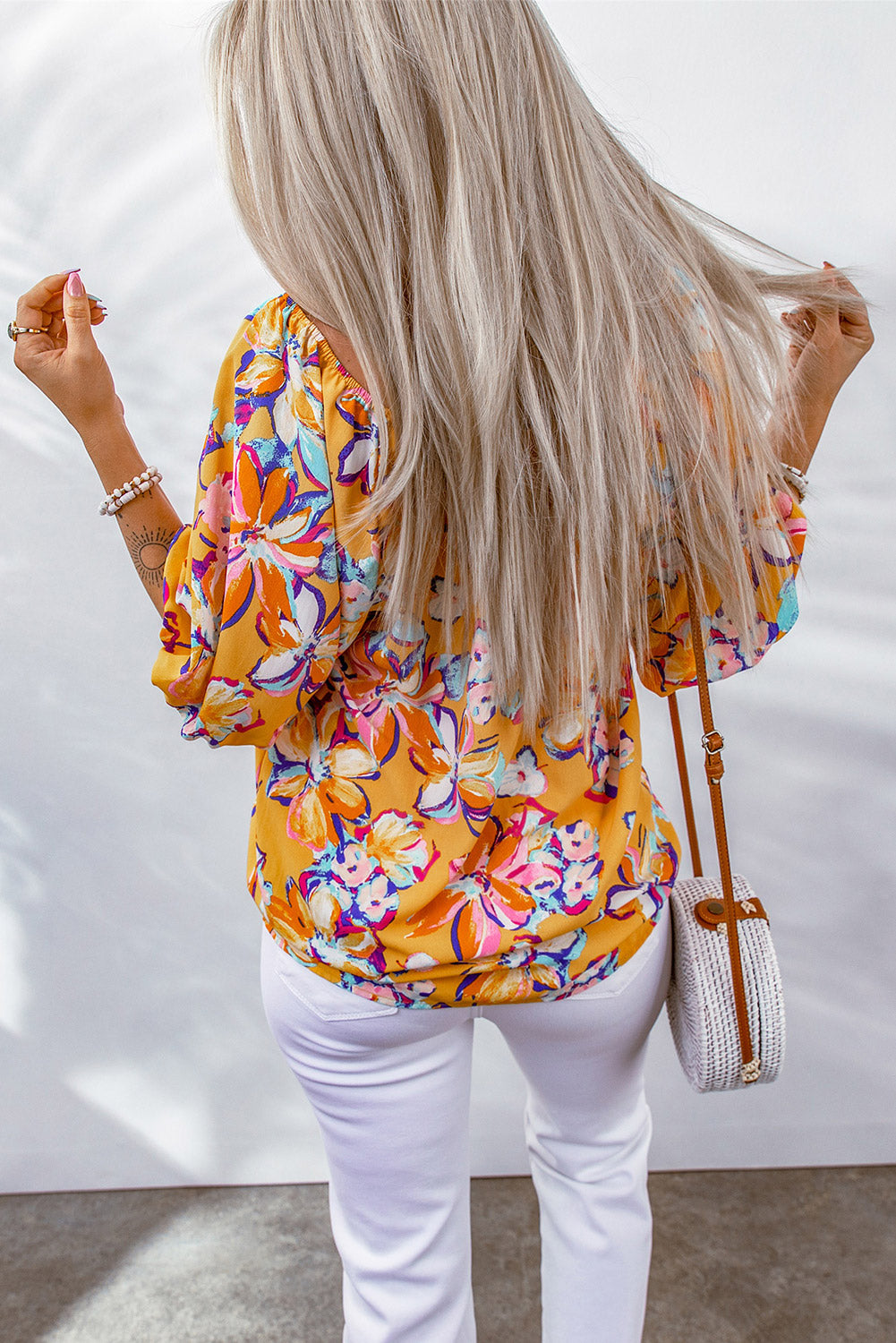 Floral Puff Sleeve Boat Neck Blouse