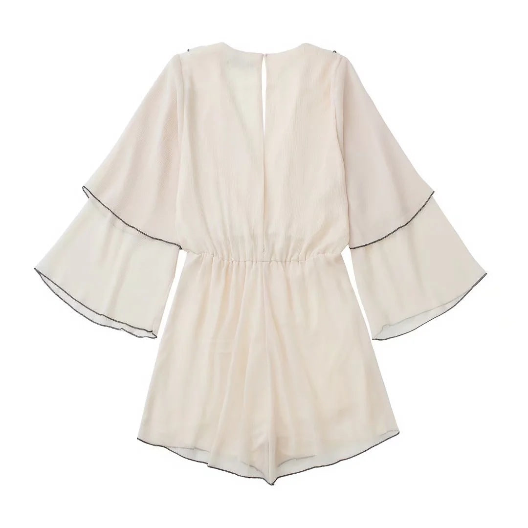 Ruffled Playsuit With V-neck Waist Long