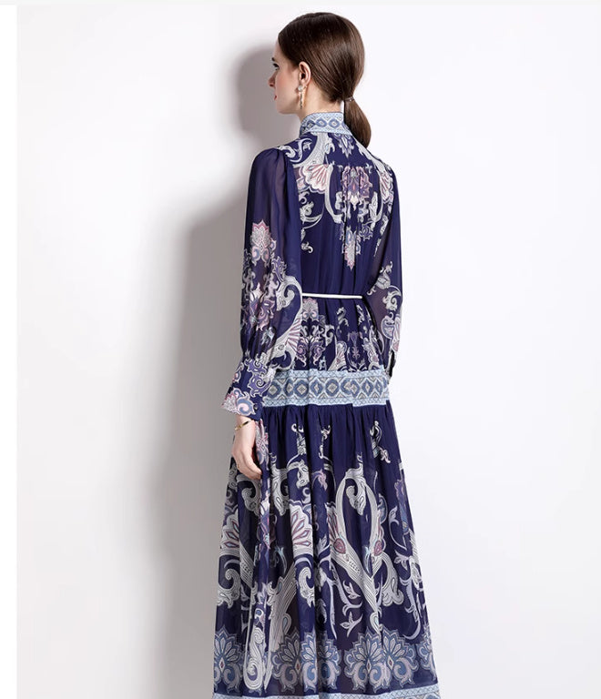 Printed Stand Collar Temperament Dress