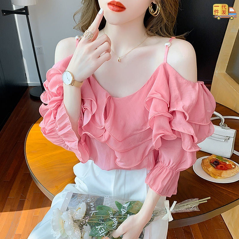 One Word Neck Chiffon Shirt Off Shoulder Ruffle Top Women's