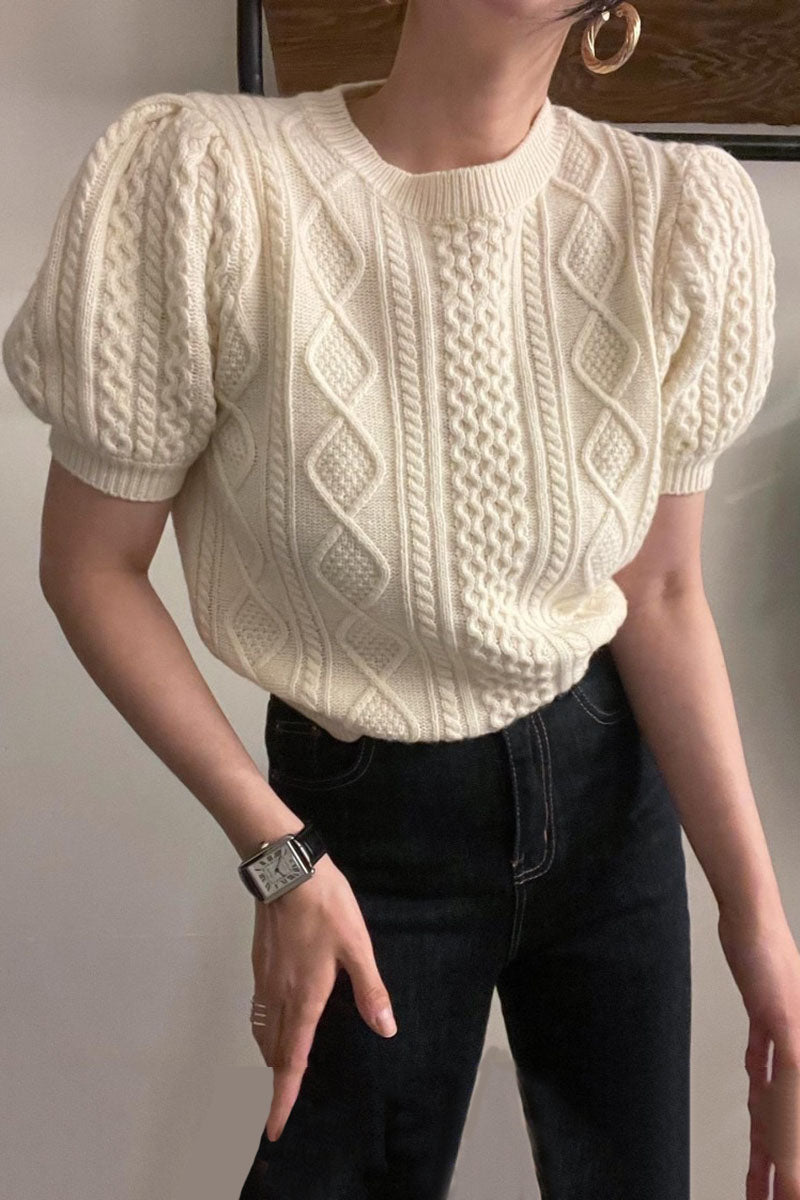 Pull tricoté court à manches bouffantes pour femme