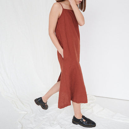 Sling Dress Summer Basic Style Versatile Cotton And Linen Split Mid-length