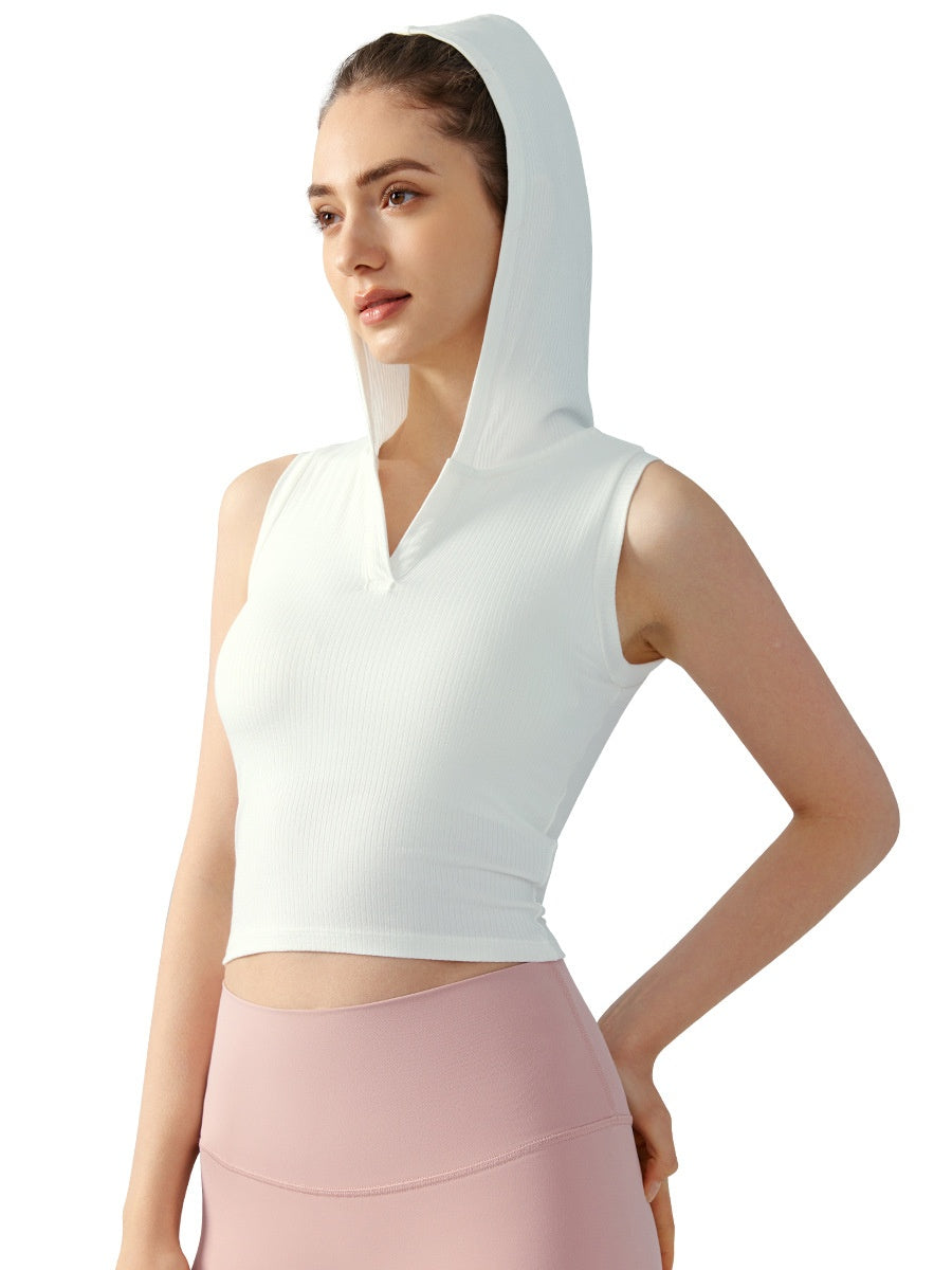 Hooded Ribbed Yoga Vest Women's Short Solid Color Sleeveless Workout Top