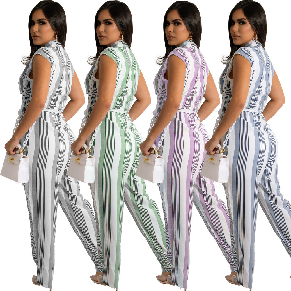 Ladies Fashion Stripe Print Belt Jumpsuit Colorblock