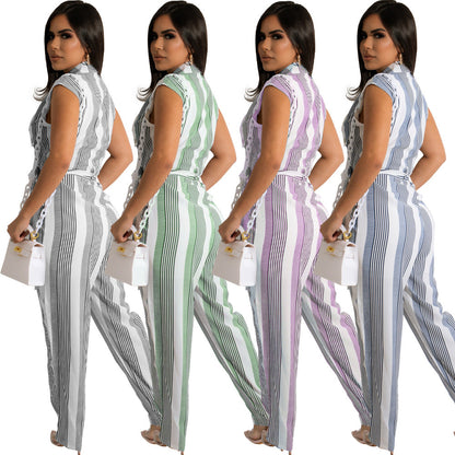 Ladies Fashion Stripe Print Belt Jumpsuit Colorblock