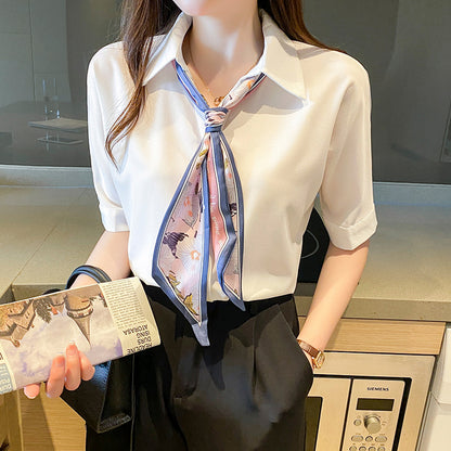 Women's New V-neck Thin Chiffon Short Sleeve Tie Shirt