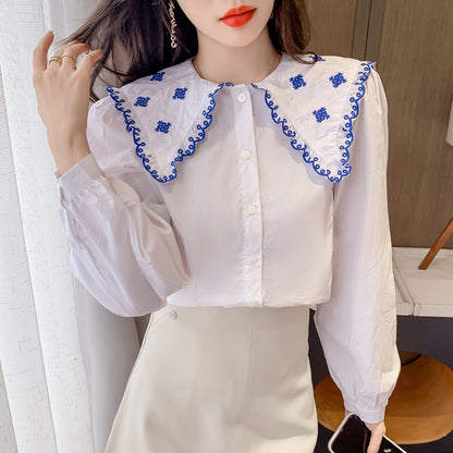 Contrasting Color Doll Collar Shirt Women Autumn And Winter