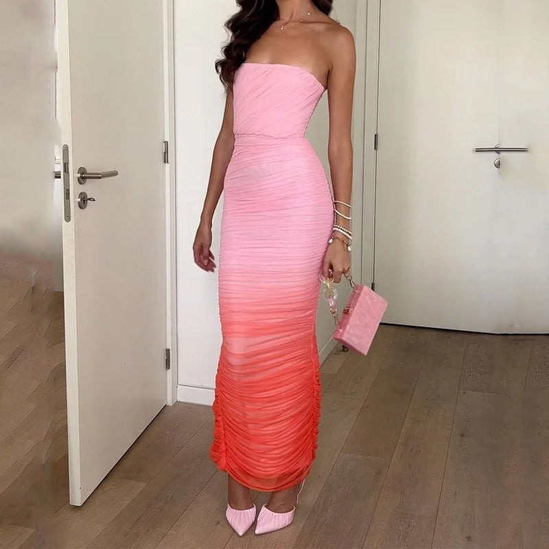 Fashion Colorblock Backless Tight Strapless Dress