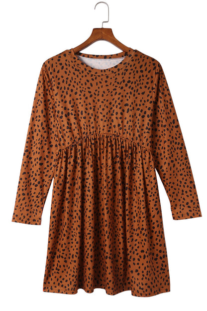 Vestido babydoll de manga larga de leopardo marrón