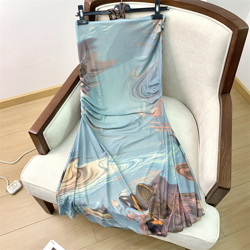 Stream Of Consciousness Oil Painting Printing Sling Skirt Vacation Style Suit Two-piece Set Niche