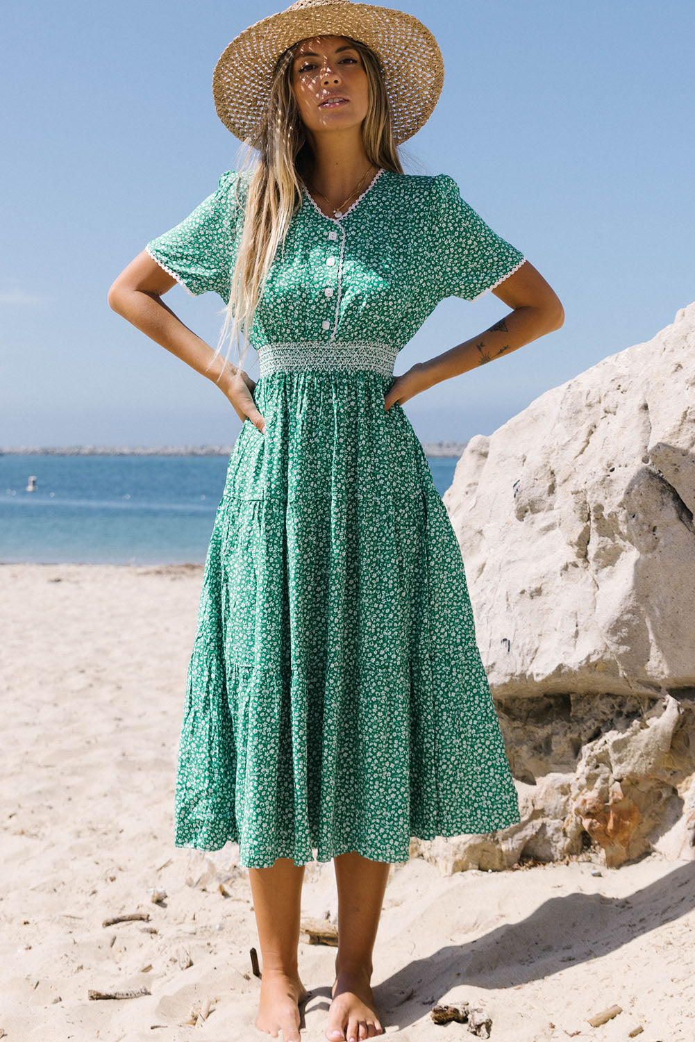 Vestido midi estampado floral empalme de encaje acampanado cintura alta verde