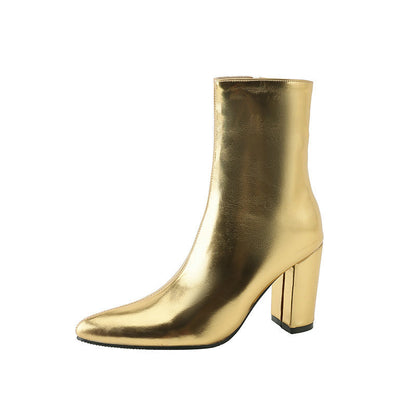 Pointed Toe Thick Heel Super High Heel Side Zipper Gold And Silver Color Middle Boots