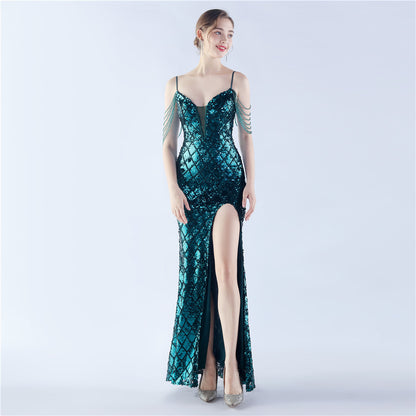 Robe de soirée haut de gamme en arête de poisson, serrée à la taille, cliquet d'arrimage, couleur magique, paillettes artisanales, perles