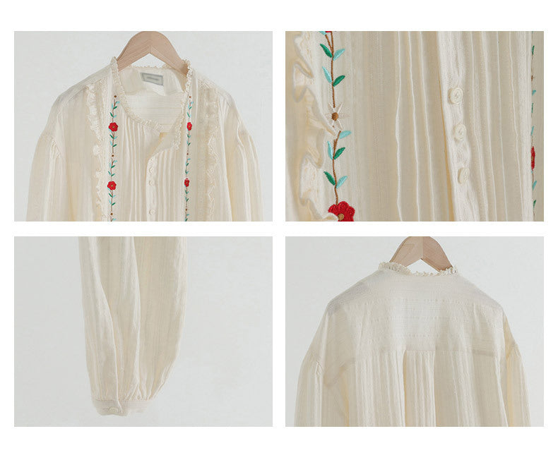 Mori  Age-reducing Temperament Embroidered Cotton Shirt Women