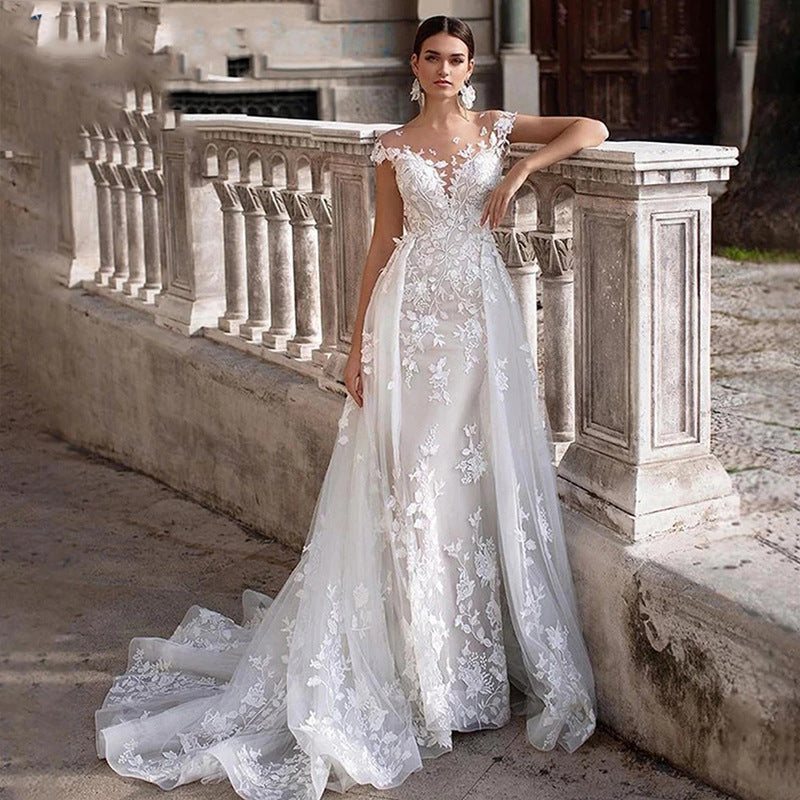 Vestido de novia de cola de novia blanco adelgazante con cuello redondo de ensueño ropa bidireccional actividad Mujer