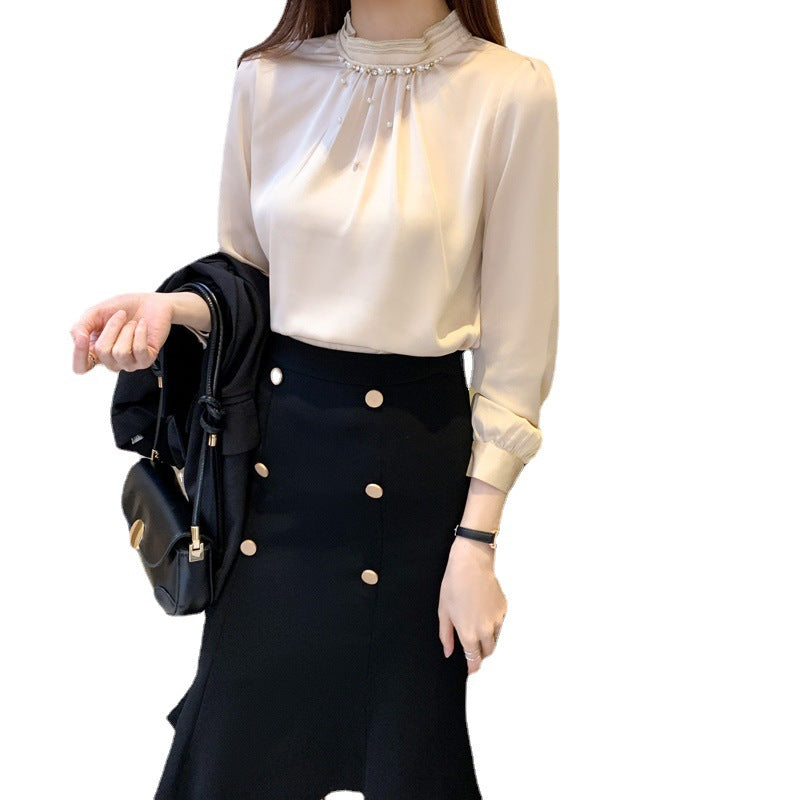 Chiffon Shirt Women's Top Stand Collar Beaded Shirt Loose