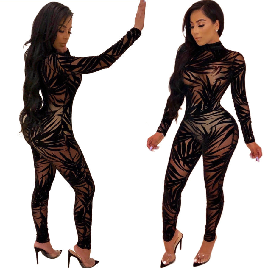 Women's Mesh Hollow Sheer Long Sleeve Tight Jumpsuit