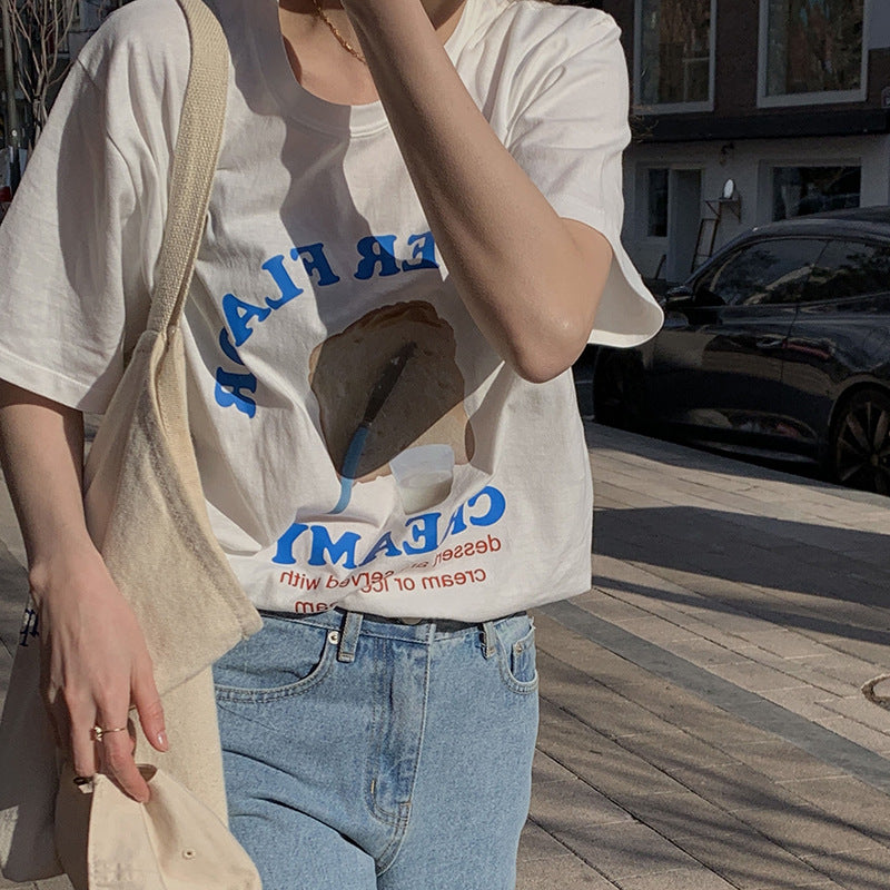 Camiseta de manga corta francesa con estampado de letras de temperamento retro para mujer