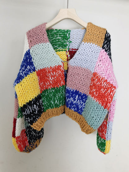 Retro Contrast Color Rainbow Plaid Handmade Versatile Cardigan Sweater For Women