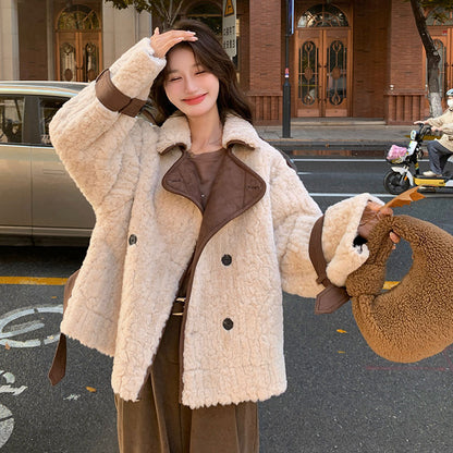 Retro Color Contrast Patchwork Lapel Loose Double Breasted Fur Coat