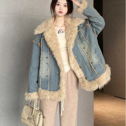 Denim Fur Collar Coat Women's Winter Hong Kong Style Vintage Top