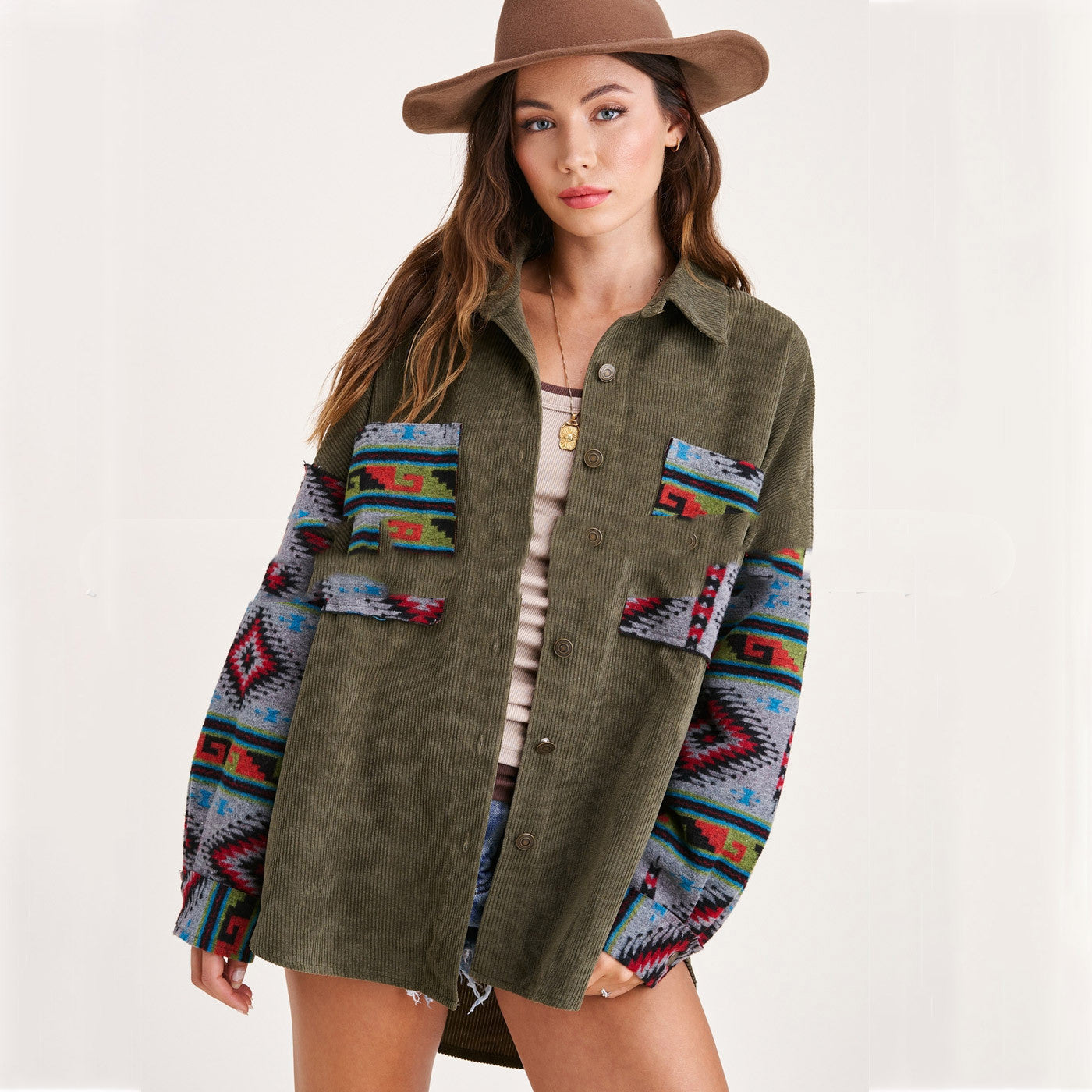 Corduroy Aztec Stitching Printed Pocket Long-sleeved Jacket