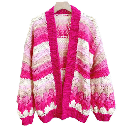 Color Matching Hand-woven Knitting Needle Sweater Outer Wear Cardigan